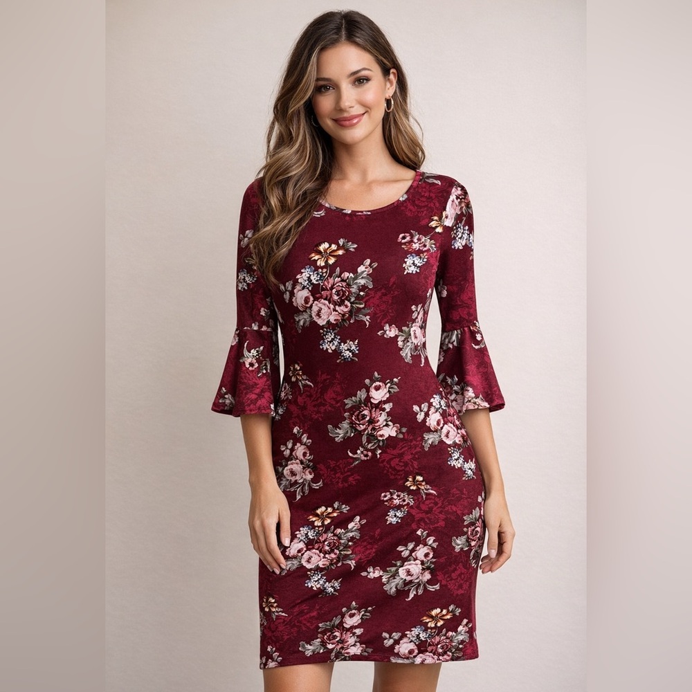 Floral dress size large rose print bell flare sleeves soft feel midi pullover